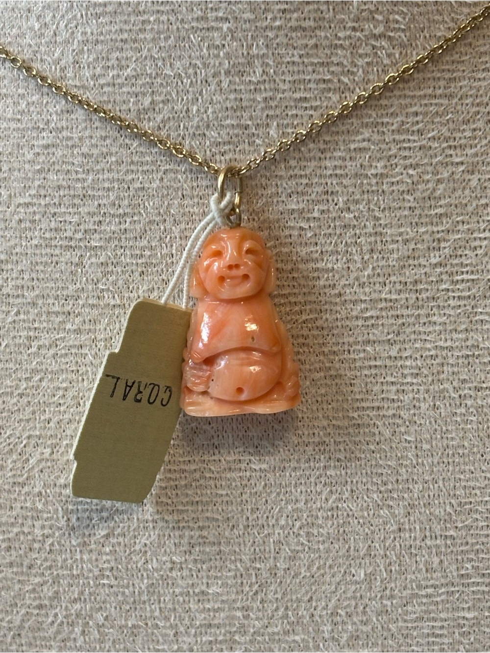14K Yellow Gold Vintage Carved Coral Buddha Pendant NWT